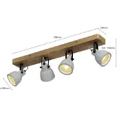 LINDBY Faretto Mitis, 70 cm, a 4 luci, grigio, legno, cemento, GU10