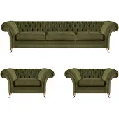 AEA Wohnzimmer Sofagarnitur 3tlg Grün Stoff Dreisitze Sofa 2x Sessel Chesterfield