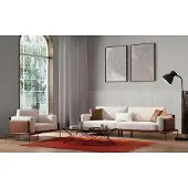 AEA Stilvolle Weiß-Braune Wohnzimmer Couchgarnitur 3-Sitzer Textil Sessel