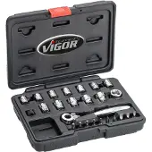 Vigor Set di chiavi a bussola "V5202" 1/4", superpiatte, in valigetta di plastica