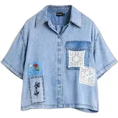Desigual , Camicia patchwork in lyocell, Donna, Lyocell, Blu, L