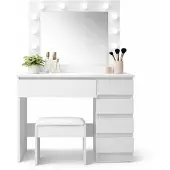 AGA Tavolo da toeletta con specchio e illuminazione + sgabello Bianco opaco