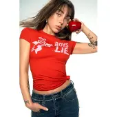 Desigual , maglietta aderente Boys Lie, Donna, Cotone, Rosso, L