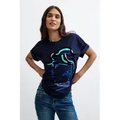 Desigual , Maglietta stampata 100% cotone, Donna, Cotone, Blu, XS