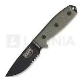 ESEE Model 3, serrated, black/green, black plastic sheath, nylon sheath