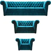 AEA Blau Sofa Set 3tlg Modern Textil Chesterfield Wohnzimmer Komplett