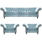 AEA Chesterfield Polster Sitzmöbel Blaue Sofagarnitur 3-Sitzer 2x Sessel