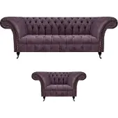 AEA Chesterfield Lila Wohnzimmer Couchgarnitur Edler 3-Sitzer Textil Sessel
