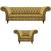 AEA Wohnzimmer Gelbe Chesterfield Garnitur Dreisitzer Polster Sessel Möbel