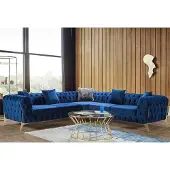 AEA Ecksofa in sattem Blau mit filigranen Metallbeinen und Chesterfield-Steppung