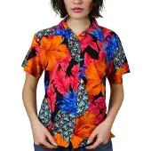 King Kameha Camicia da donna 'Pineapple Hibiscus Black Line' rosso