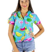 King Kameha Camicia da donna 'Flamingo Melone' turchese