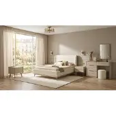 AEA Set per camera da letto beige, moderno, letto, comodino, specchio, poggiapiedi