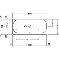 Duravit Happy D.2 baignoire balnéo, version à encastrer, simple dos à droite, bâti-support, garniture de vidage et de trop-plein, système combiné P, 1600x700mm, 760309000CP1000, 760309000CP1000