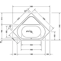 Duravit D-Code baignoire balnéo, 1400x1400mm, 2 pentes de dos, Jet Project, pentagonal, écoulement central, blanc brillant, 760137000JP1000, 760137000JP1000