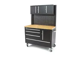 HBM banco da lavoro 122 cm con 4 cassetti, parete con armadio e pannello posteriore, piano di lavoro in legno, nero