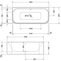 Duravit Baignoires Happy D.2 Plus, version à poser, 2 pentes de dos, revêtement acrylique moulé en graphite supermatt, 1800x800x460mm, 700451800000000, 700451800000000