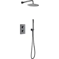 Boss & Wessing Set completo per doccia a soffitto da incasso, diametro 25 cm, con soffione da parete, braccio di supporto grigio spazzolato