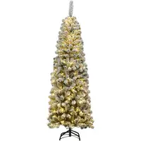 Costway albero di Natale a matita 180cm, albero di Natale artificiale 500 aghi in PVC con neve, albero di Natale artificiale con 250 LED bianchi caldi e supporto in metallo