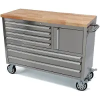 HBM carrello porta attrezzi con piano di lavoro in legno, 122 cm, acciaio inox