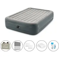 Intex Letto ad aria - 2 persone - 152 x 203 x 46 cm - Grigio - Con pompa incorporata + lenzuola antracite + cuscino + federe Molton 2 in 1 + set di riparazione