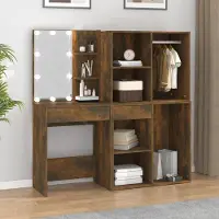 The Living Store Comodino a LED con armadietti in legno di rovere fumé