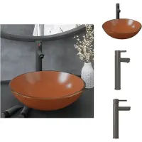 The Living Store Lavandino da bagno con rubinetto e scarico a scomparsa Vetro temperato marrone