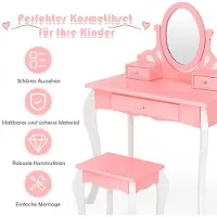 Costway Tavolino da toilette per bambini con sgabello, tavolino da toilette per principesse con 3 cassetti e specchio girevole a 360°, tavolino da toilette rosa, tavolino da trucco per ragazze