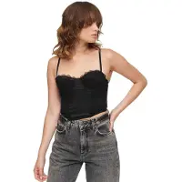 Superdry per donna. W6011751A Top a corsetto in raso di pizzo a rete nera (L), Nero, Casual, Poliamide, Senza maniche / cinghie