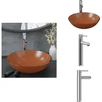 vidaXL Lavandino da bagno con rubinetto e scarico a scomparsa Marrone Vetro temperato - Lavandino da bagno