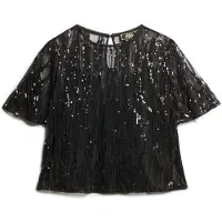 Superdry per donna. W6011972A T-shirt trasparente con paillettes nere (8), Nero, Casual, Da sera, Poliestere, Manica corta