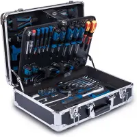Scheppach TB200: Set di attrezzi in valigetta, 141 pezzi, con utensili in cromo-vanadio, valigetta in alluminio con chiusura a chiave e impugnature ergonomiche