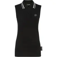 Plein sport Polo smanicata in cotone con logo glitter e colletto a righe