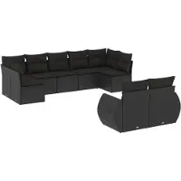 The Living Store Set di divani da giardino 9 pezzi con cuscini in poly rattan nero