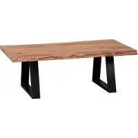 FineBuy Tavolino in legno massello di acacia, 115 cm. Tavolino rettangolare da salotto con bordo naturale e piedini in metallo nero. Tavolino di design realizzato a mano