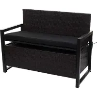 Mendler Panca da giardino Poly-Rattan, modello MCW-F39, con spazio contenitore, colore marrone, dimensioni 117 cm, cuscini neri
