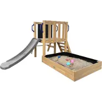 Axi Leah Torre gioco Mini per bambini in legno, scivolo grigio | Casetta da gioco compatta per giardino / sabbiera, cucina da gioco e lavagna | Giochi in legno da esterno