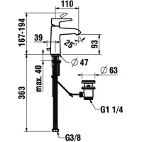 Laufen PURE Mitigeur monocommandé pour lavabo, Eco+, bec fixe, saillie 110 mm, avec vidage, chromé, HF901701423000, HF901701423000