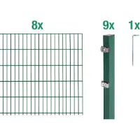 Alberts 651336 Recinzione a doppia rete metallica come set completo da 18 pezzi, verde, altezza 160 cm, lunghezza 16 m