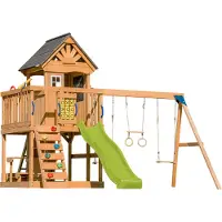 Axi Jack Casetta per bambini in legno con 2 altalene, scivolo giallo / Parco giochi all'aperto, recinto con sabbia, trapezio / parete di arrampicata | Giochi in legno per esterni