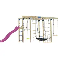 Axi Boris Struttura per arrampicata in legno con scivolo viola | Struttura per arrampicata attrezzata per bambini con diverse altalene, trapezio, reti per arrampicata e barre parallele