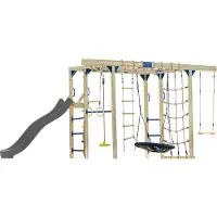 Axi Boris Struttura per arrampicata in legno con scivolo grigio | Struttura per arrampicata attrezzata per bambini con diverse altalene, trapezio, reti per arrampicata e barre parallele