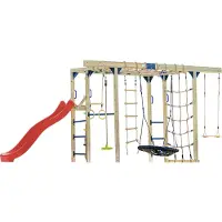 Axi Boris Struttura per arrampicata in legno con scivolo rosso | Struttura per arrampicata attrezzata per bambini con diverse altalene, trapezio, reti per arrampicata e barre parallele