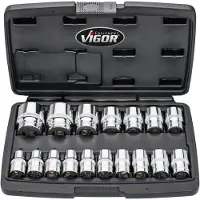 Vigor V7512/17 Set di chiavi a bussola a doppio esagono ∙Quadro cavo da 1/2 pollice (12,5 mm) ∙ Profilo esterno a doppio esagono ∙ Numero di utensili: 17