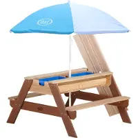 Axi Nick Tavolo da picnic / Tavolino sabbia e acqua per bambini in marrone con ombrellone in blu/bianco | Tavolo da picnic multiuso in legno
