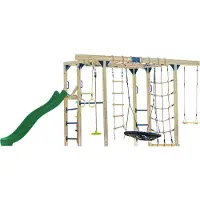 Axi Boris Struttura per arrampicata in legno con scivolo verde | Struttura per arrampicata attrezzata per bambini con diverse altalene, trapezio, reti per arrampicata e barre parallele