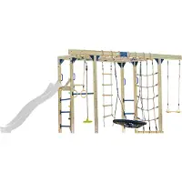 Axi Boris Struttura per arrampicata in legno con scivolo bianco | Struttura per arrampicata attrezzata per bambini con diverse altalene, trapezio, reti per arrampicata e barre parallele
