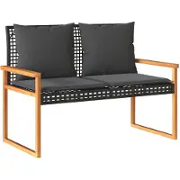 The Living Store Panchina da giardino con cuscini in poly rattan nero e legno d'acacia