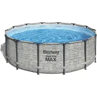 Bestway Set completo per piscina fuori terra Steel Pro MAX con pompa filtro Ø 427 x 122 cm, aspetto muro di pietra (grigio crema), rotonda
