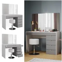 Vicco Tavolo da toeletta Elise Bianco/Grigio 115 cm con specchio e sgabello, Model 41342